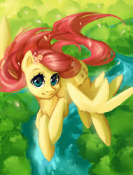 Size: 1785x2345 | Tagged: safe, artist:my-magic-dream, fluttershy, pegasus, pony, flower, flower in hair, flying, looking at you, solo