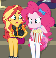 Size: 851x878 | Tagged: safe, screencap, pinkie pie, sunset shimmer, track starr, better together, choose your own ending, equestria girls, sock it to me, sock it to me: rarity, bleachers, cropped, eating, food, geode of empathy, geode of sugar bombs, magical geodes, popcorn