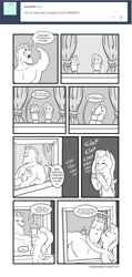 Size: 3085x6467 | Tagged: safe, artist:raph13th, bulk biceps, fluttershy, pegasus, pony, comic:built for power, ask, black and white, comic, female, flutterbulk, grayscale, kiss on the cheek, kissing, male, puppet, shipping, straight, tumblr