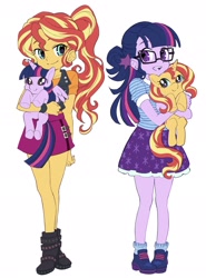 Size: 1515x2048 | Tagged: safe, artist:5mmumm5, sci-twi, sunset shimmer, twilight sparkle, twilight sparkle (alicorn), alicorn, pony, unicorn, better together, equestria girls, clothes, duo, duo female, female, glasses, holding a pony, hug, hugging a pony, human ponidox, nail polish, ponytail, self ponidox, smiling, twolight