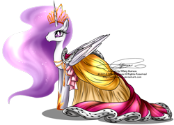 Size: 1200x860 | Tagged: safe, artist:tiffanymarsou, princess celestia, alicorn, pony, clothes, dress, female, gala dress, mare, pink mane, pink-mane celestia, signature, simple background, solo, transparent background, watermark