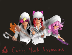 Size: 1889x1453 | Tagged: safe, artist:sundown, apple bloom, scootaloo, sweetie belle, assassin's creed, crossover, horned humanization, humanized, weapon, winged humanization