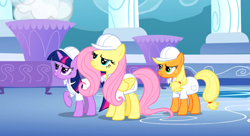 Size: 1099x597 | Tagged: safe, screencap, applejack, fluttershy, twilight sparkle, unicorn twilight, earth pony, pegasus, pony, unicorn, sonic rainboom (episode), raised hoof, trio, weather factory uniform