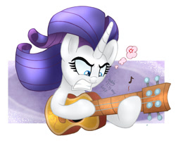 Size: 1230x1000 | Tagged: safe, artist:joakaha, rarity, pony, unicorn, honest apple, acoustic guitar, angry, female, gritted teeth, guitar, guitarity, mare, signature, simple background, solo