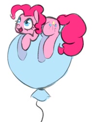 Size: 390x514 | Tagged: safe, artist:whale, pinkie pie, earth pony, pony, balloon, looking up, prone, smiling, solo, then watch her balloons lift her up to the sky