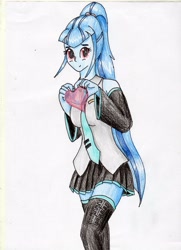 Size: 2508x3461 | Tagged: safe, artist:40kponyguy, derpibooru exclusive, sonata dusk, equestria girls, boots, clothes, cosplay, costume, crossover, cute, hatsune miku, heart, looking at you, miniskirt, necktie, pleated skirt, ponytail, shoes, simple background, skirt, socks, solo, thigh boots, thigh highs, traditional art, vocaloid, white background, zettai ryouiki