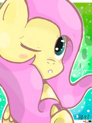 Size: 360x480 | Tagged: safe, artist:yioyio, fluttershy, pegasus, pony, blush sticker, blushing, bust, cute, portrait, shyabetes, solo, wink