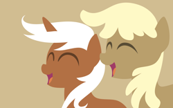 Size: 2400x1500 | Tagged: safe, artist:gingermint, artist:icekatze, derpibooru import, mjölna, silver spanner, earth pony, pony, unicorn, eyes closed, female, horn, lineless, mare, minimalist, modern art, open mouth, simple background, wallpaper