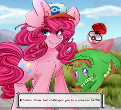 Size: 1100x1000 | Tagged: safe, artist:blowfishartist, gummy, pinkie pie, earth pony, pony, crossover, hat, pokéball, pokémon