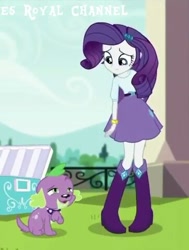 Size: 362x480 | Tagged: safe, screencap, rarity, spike, spike the regular dog, dog, dance magic, equestria girls, spoiler:eqg specials, boots, bracelet, clothes, cooler, cropped, cute, fence, high heel boots, jewelry, lidded eyes, looking down, looking up, paws, sad, skirt