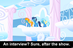 Size: 1024x672 | Tagged: safe, derpibooru import, misty fly, soarin', spitfire, comic:celestia's servant interview, caption, interview, meta, wonderbolts, wonderbolts uniform