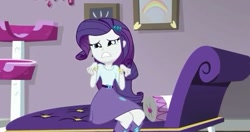 Size: 743x391 | Tagged: safe, screencap, rarity, dance magic, equestria girls, spoiler:eqg specials, clothes, cute, sad, skirt, sofa, solo