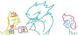 Size: 840x384 | Tagged: safe, artist:the weaver, carrot cake, cup cake, oc, cake, flirting, gillou, monster, monstro village, simple background, white background