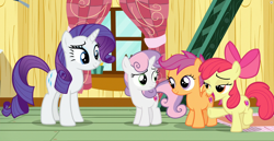 Size: 1920x994 | Tagged: safe, screencap, apple bloom, rarity, scootaloo, sweetie belle, pony, unicorn, forever filly, cutie mark crusaders, treehouse