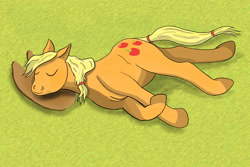 Size: 4034x2693 | Tagged: safe, artist:equum_amici, applejack, earth pony, pony, absurd resolution, eyes closed, on side, outdoors, sleeping, smiling