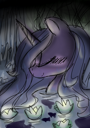 Size: 1000x1414 | Tagged: safe, artist:sonicartist2004, princess celestia, alicorn, pony, blushing, eyes closed, sketchy, smiling, solo, water, waterlily