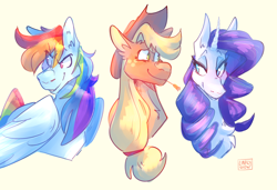 Size: 3840x2631 | Tagged: safe, artist:linklyshow, derpibooru import, applejack, rainbow dash, rarity, earth pony, pegasus, pony, unicorn, bust, female, line-up, signature, smiling, smirk, straw in mouth, trio, trio female