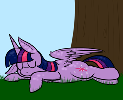 Size: 800x650 | Tagged: safe, artist:karpet-shark, derpibooru import, twilight sparkle, twilight sparkle (alicorn), alicorn, pony, eyes closed, female, floppy ears, mare, on side, prone, shade, sleeping, solo, tree, twily-daily