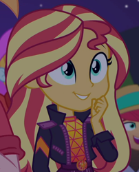 Size: 676x837 | Tagged: safe, screencap, big macintosh, hunter hedge, sunset shimmer, better together, choose your own ending, equestria girls, the last drop, the last drop: fluttershy, cropped, cute, fry lilac, geode of empathy, magical geodes, offscreen character, shimmerbetes, smiling