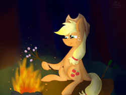 Size: 3264x2448 | Tagged: safe, artist:hilis, applejack, earth pony, pony, fire, high res, marshmallow, night, solo