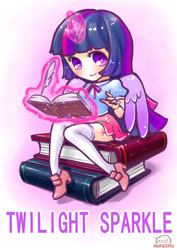 Size: 678x960 | Tagged: safe, artist:天然卷牙齿的蛀虫, twilight sparkle, twilight sparkle (alicorn), alicorn, human, alicorn humanization, book, clothes, cute, female, high heels, horned humanization, humanized, magic, miniskirt, quill, shirt, shoes, sitting, skirt, smiling, socks, solo, telekinesis, thigh highs, winged humanization, wings, zettai ryouiki