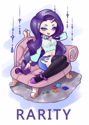 Size: 3507x4960 | Tagged: safe, artist:天然卷牙齿的蛀虫, rarity, human, belly button, clothes, fainting couch, female, gem, high heels, horned humanization, humanized, midriff, miniskirt, open mouth, shoes, side slit, skirt, socks, solo, thigh highs, thighs