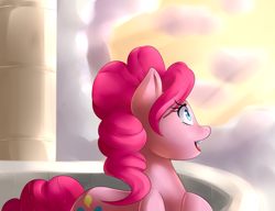 Size: 1600x1231 | Tagged: safe, artist:sourspot, pinkie pie, earth pony, pony, balcony, female, mare, pink coat, pink mane, solo