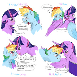 Size: 894x894 | Tagged: safe, artist:captainloafnugget, derpibooru import, dusk shine, rainbow blitz, rainbow dash, twilight sparkle, twilight sparkle (alicorn), alicorn, pegasus, pony, angry, blushing, book, dialogue, duskblitz, duskdash, female, flower, flower in mouth, gay, half r63 shipping, lesbian, looking at each other, male, mare, rose, rose in mouth, rule 63, shipping, simple background, smiling, stallion, straight, twiblitz, twidash, white background, wings