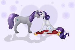 Size: 3049x2035 | Tagged: safe, artist:cookiemoonloo, maud pie, rarity, classical unicorn, pony, unicorn, female, high res, horn ring, leonine tail, lesbian, missing accessory, pillow, rarimaud, shipping, sitting, unshorn fetlocks