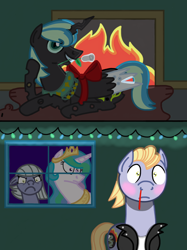 Size: 1534x2048 | Tagged: safe, artist:kindheart525, limestone pie, princess celestia, oc, oc:ambrosia, oc:hawk eye, alicorn, changeling queen, pony, blood, changeling queen oc, christmas lights, female, fireplace, gay, kindverse, male, nosebleed, offspring, parent:limestone pie, parent:princess celestia, parent:queen chrysalis, parent:zephyr breeze, parents:chryslestia, parents:zephyrstone, window