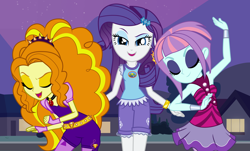 Size: 4752x2864 | Tagged: safe, artist:alicornoverlord, artist:invisibleink, artist:remcmaximus, artist:sketchmcreations, artist:themexicanpunisher, adagio dazzle, rarity, sunny flare, dance magic, equestria girls, legend of everfree, spoiler:eqg specials, absurd resolution, bracelet, camp everfree outfits, clothes, dancing, eyes closed, houses, looking at you, open mouth, shorts