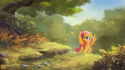 Size: 2678x1500 | Tagged: safe, artist:ajvl, fluttershy, butterfly, pegasus, pony, cute, forest, grass, nature, open mouth, raised hoof, scenery, smiling, solo, spread wings, tree