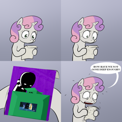 Size: 1024x1024 | Tagged: safe, derpibooru import, spike, sweetie belle, twilight sparkle, pony, unicorn, accepted meme that never ends, bipedal, comic, dialogue, exploitable meme, female, filly, gradient background, homestuck, hoof hold, horn, jack noir, letter, meme, paper, solo, speech bubble, sweetie's note meme, the meme that never ends, the scary door, two toned hair, two toned mane, what's in the box jack?, white coat