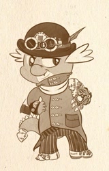 Size: 285x445 | Tagged: safe, artist:bunnimation, spike, cyborg, dragon, amputee, clothes, frock coat, hat, monochrome, solo, steampunk