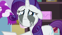 Size: 1920x1090 | Tagged: safe, screencap, rarity, pony, unicorn, forever filly, crying, floppy ears, makeup, marshmelodrama, mascara, mascarity, running makeup, solo