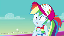 Size: 1920x1080 | Tagged: safe, derpibooru import, screencap, rainbow dash, better together, equestria girls, spring breakdown, geode of super speed, magical geodes, sad, shocked, sleeveless, solo