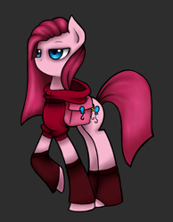 Size: 1970x2540 | Tagged: safe, artist:jadekettu, pinkie pie, earth pony, pony, clothes, hoodie, pinkamena diane pie, saddle bag, solo