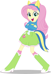 Size: 8208x11941 | Tagged: safe, artist:caliazian, fluttershy, equestria girls, equestria girls (movie), .ai available, absurd resolution, boots, canterlot high, clothes, crossed arms, fake tail, helping twilight win the crown, high heel boots, long hair, looking at you, open mouth, pony ears, pose, school spirit, simple background, skirt, socks, solo, transparent background, vector, wondercolts, wondercolts uniform