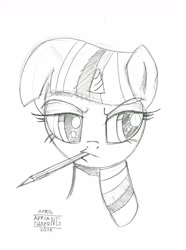 Size: 3331x4466 | Tagged: safe, artist:boxedsurprise, derpibooru import, twilight sparkle, unicorn twilight, unicorn, bust, female, lineart, mare, monochrome, mouth hold, pencil, solo