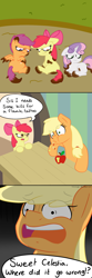 Size: 900x2700 | Tagged: safe, artist:tralalayla, apple bloom, applejack, scootaloo, sweetie belle, earth pony, pegasus, pony, unicorn, apple, comic, cutie mark crusaders, dialogue, female, filly, foal, mare, mud, spit take