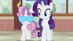 Size: 1920x1090 | Tagged: safe, screencap, rarity, sweetie belle, pony, unicorn, forever filly, blindfold