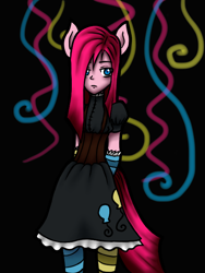 Size: 480x640 | Tagged: safe, artist:jadekettu, pinkie pie, anthro, clothes, dress, human facial structure, pinkamena diane pie, socks, solo, striped socks