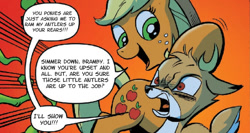 Size: 823x438 | Tagged: safe, edit, idw, applejack, bramble, deer, earth pony, pony, spoiler:comic, spoiler:comic27, female, implied anal, implied sex, mare, rage, text edit