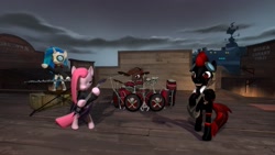 Size: 1920x1080 | Tagged: safe, artist:hazard redmane, dj pon-3, pinkie pie, vinyl scratch, oc, oc:gamepad flightfoot, oc:hazard redmane, earth pony, pony, unicorn, 3d, band, drums, gmod, goggles, guitar, keyboard, music, pinkamena diane pie