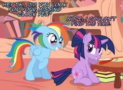 Size: 1087x800 | Tagged: safe, artist:nightmaremoons, derpibooru import, rainbow dash, twilight sparkle, pegasus, pony, alternate hairstyle, ask, ask pun, blushing, book, female, golden oaks library, lesbian, pun, quill, shipping, twidash