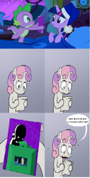 Size: 522x1024 | Tagged: safe, derpibooru import, spike, sweetie belle, twilight sparkle, twilight sparkle (alicorn), alicorn, pony, unicorn, accepted meme that never ends, bipedal, comic, dialogue, exploitable meme, female, filly, gradient background, homestuck, hoof hold, horn, jack noir, letter, meme, paper, solo, speech bubble, spike's comic, sweetie's note meme, the meme that never ends, two toned hair, two toned mane, what's in the box jack?, white coat