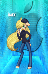 Size: 1500x2300 | Tagged: safe, artist:gnidagovnida, applejack, anthro, apple (company), arm hooves, beatnik, beret, clothes, solo, sweater