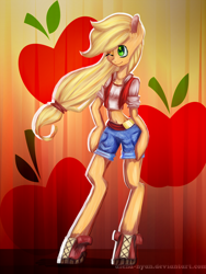 Size: 1500x1999 | Tagged: safe, artist:gnidagovnida, applejack, earth pony, pony, semi-anthro, arm hooves, belly button, bipedal, clothes, hatless, midriff, missing accessory, solo, wink