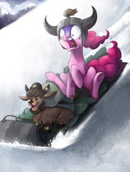 Size: 1024x1365 | Tagged: dead source, safe, artist:ibsn, pinkie pie, earth pony, pony, yak, party pooped, calf, cloven hooves, deviantart watermark, duo, fear, female, horn ring, mare, obtrusive watermark, open mouth, scared, scene interpretation, sled, snow, terrified, underhoof, watermark, yak calf