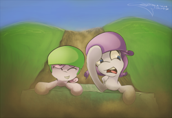 Size: 1454x1000 | Tagged: safe, artist:ferasor, rarity, sweetie belle, pony, unicorn, forever filly, duo, eyes closed, female, filly, helmet, hill, mare, path, signature, sisters, slab, sliding, smiling, yelling